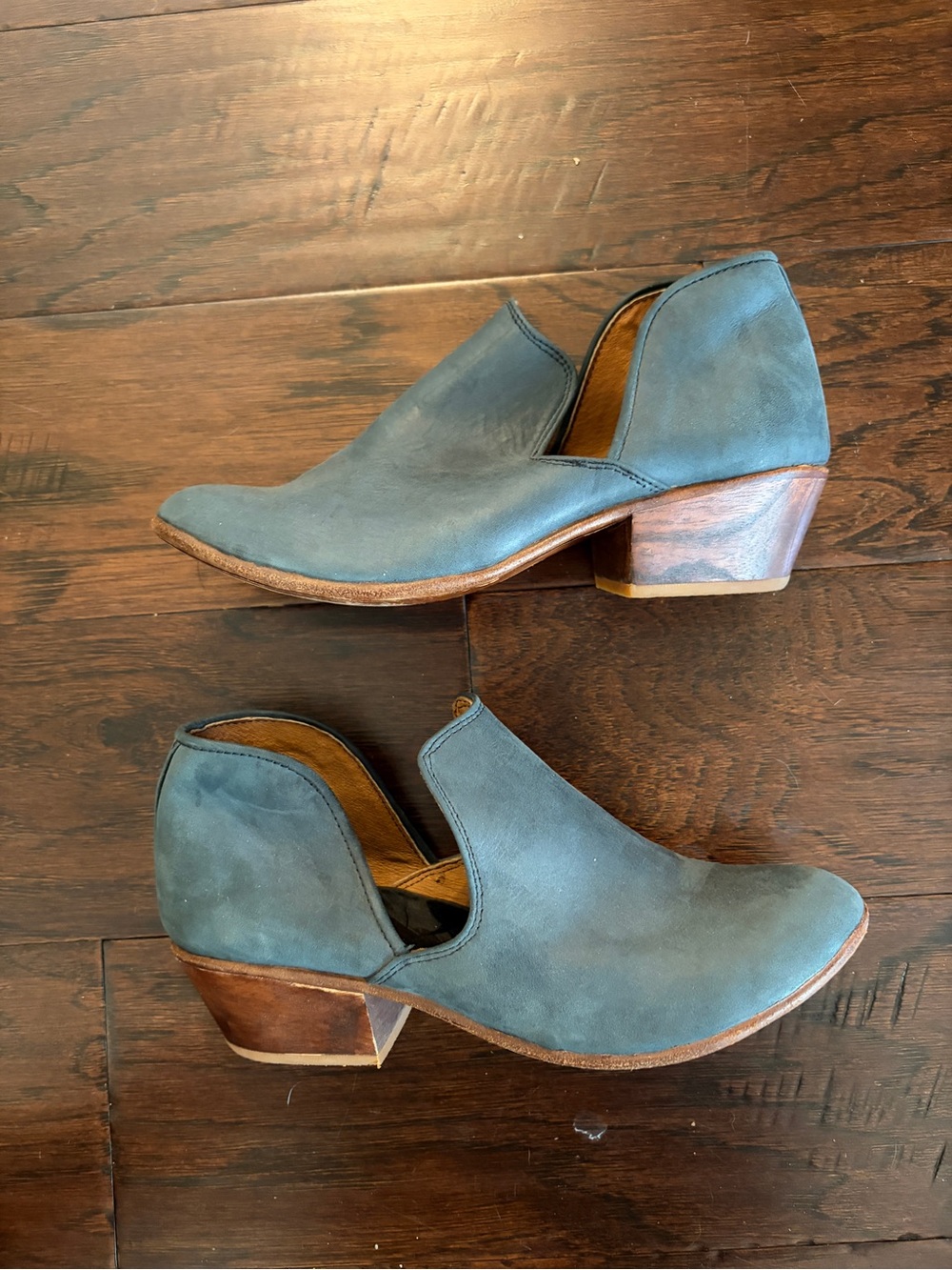 Blue leather heeled booties boots shoes